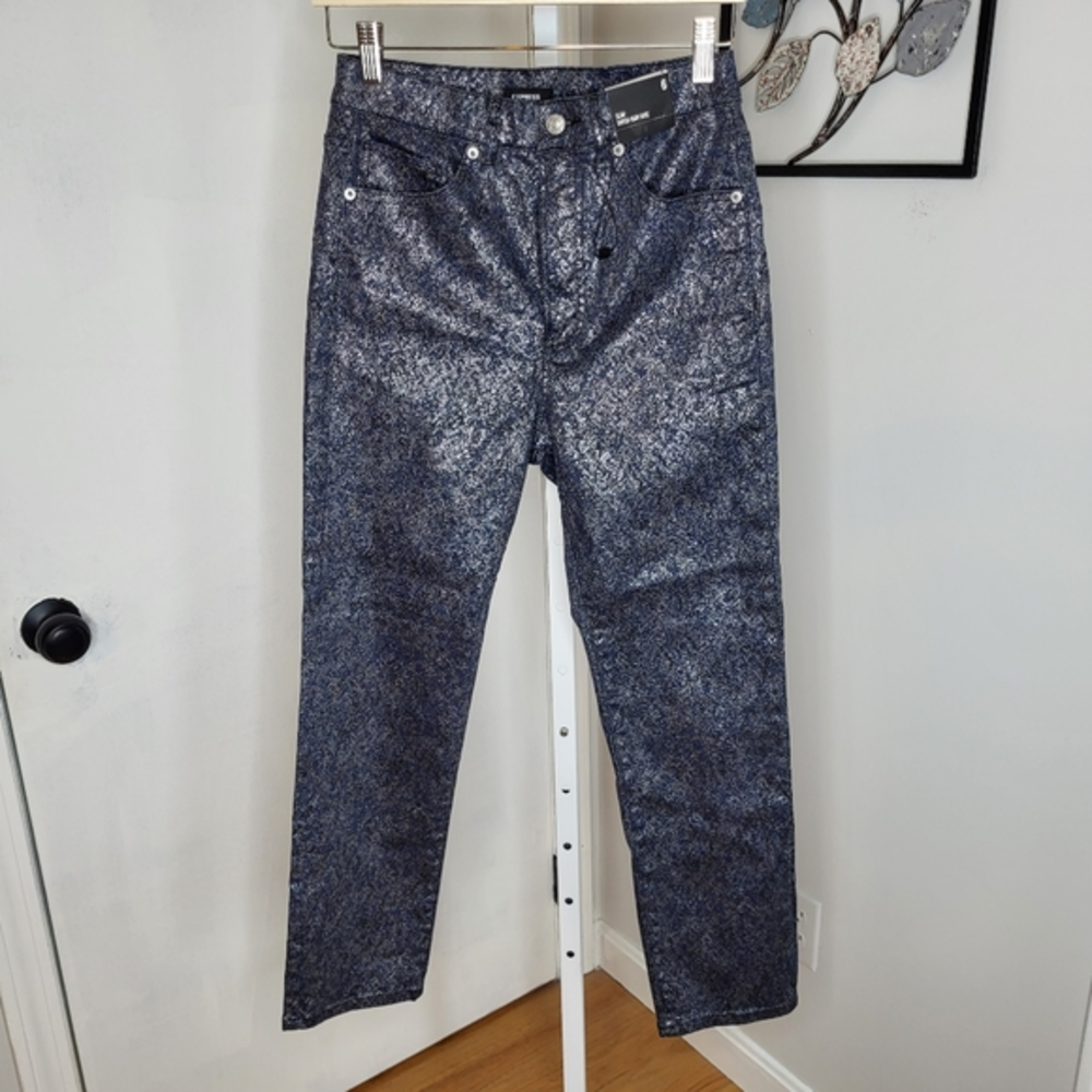 Express Slim Super High Rise Metallic Blue Silver Slim Straight Jeans Size 6 NWT